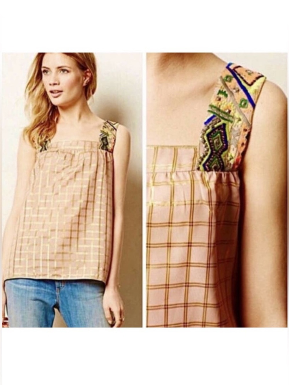 Anthropologie Vineet Bahl Sunlight Metallic Hours Top with Gold Grid Trim